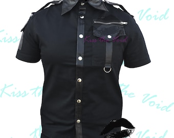 Men Gothic Black Shirt - Short Sleeve Officer Style Button Up - PU Leather Accent Cotton Shirt - Elegant Goth Military Shirt for Men