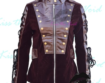 Dark Brown Velvet Gothic Jacket, Steampunk Military Style Corset Back Coat, Lace Up Sleeves Witchy Academia, Alternative Women's Clothing