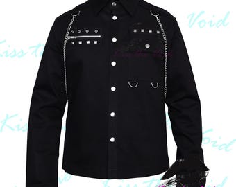 Men's Studded Gothic Shirt – Black Long Sleeve Punk Shirt with Shoulder Chains – Kiss The Void Alternative Fashion Goth Shirt