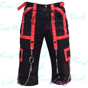 Men&#39;s Gothic Studded Shorts | Punk Utility Cargo Shorts with Mesh | D-Rings, Chains & Studs with Red Stripe | Industrial ALT Street-wear