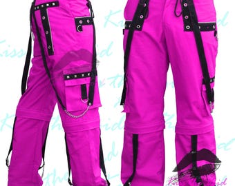 Women Pink Studded Cargo Pants - Ladies Punk Rock Star Industrial Street Baggy Trouser - EMO Convertible Rocker Cargo Shorts 2 in 1