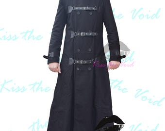 Men's Gothic Military Trench Coat: Black Cotton Asylum Style