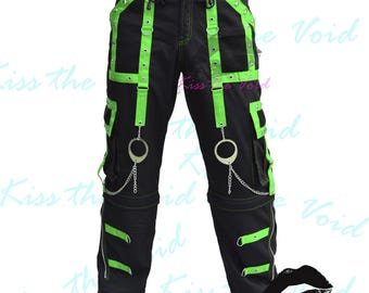 Gothic Cotton Cargo Pants - Baggy Black Trousers Zippers, Chains & Green Straps | Convertible to Shorts | Mesh Panels-Contrast Stitching