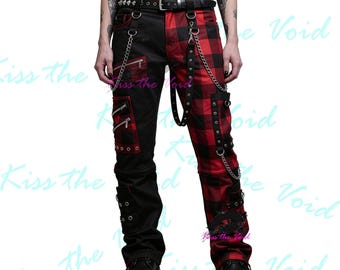 Gothic Split Leg Pants - Black & Red Plaid Punk Rock Trousers - Me's Emo Grunge Cargo Pants with Chains, Straps, and Zippers - Kiss The Void