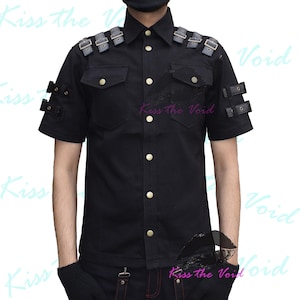 Men&#39;s Gothic Half Sleeve Shirt - Goth Black Shirt with Faux Leather Straps | Slim Fit Alternative Shirt | Punk Rock Street Shirt | XS-5XL