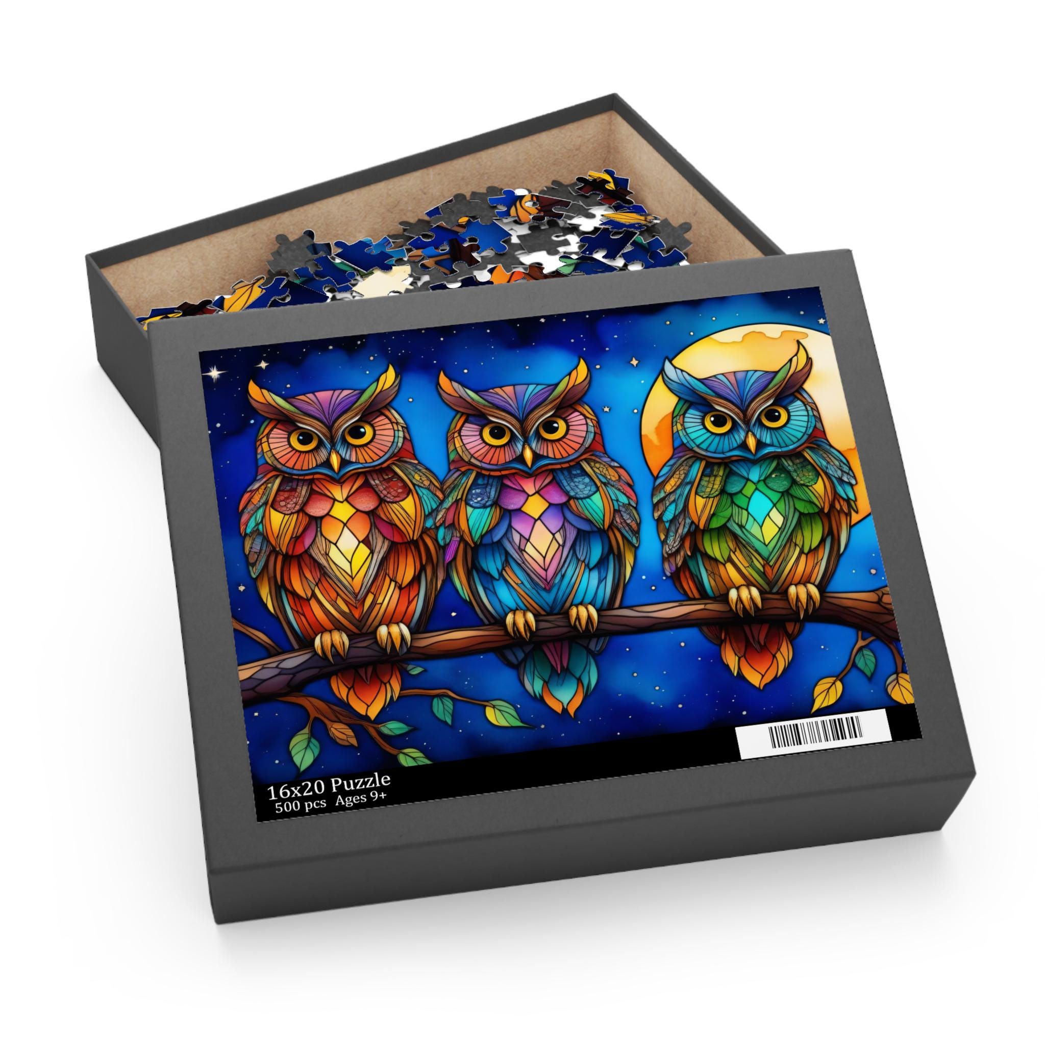 Stained Glass Owl Trio Jigsaw Puzzle 120-500 Pieces of Vibrant Nighttime Nature Art