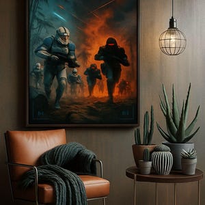 May include: A framed artwork depicts futuristic soldiers running through a fiery, jungle-like environment. The color palette includes blues, oranges, and greens. The scene is set in a dark room with a leather chair, a side table with plants, and a hanging globe light.