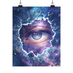 Anime Auge Kosmisches Matt-vertikales Poster, Galaxie-Nebel Wandkunst-Druck, Weltraum-zerbrochener Himmel, Universum-surreales Dekor, Sternenstaub-Augen-Kunst