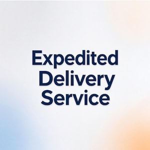 May include: A graphic design featuring the dark blue text Expedited Delivery Service centred on a white background. The background has a subtle gradient with soft blue tones on the bottom left and light orange tones on the bottom right corner.