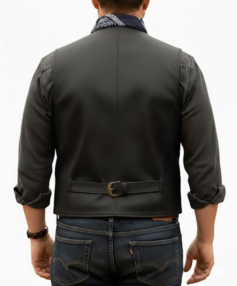 Puede incluir: Un chaleco negro de acabado liso con una tira trasera horizontal y hebilla met&aacute;lica. El chaleco se lleva sobre una camisa de manga larga gris oscuro con pu&ntilde;os vueltos, combinado con vaqueros azul oscuro y un pa&ntilde;uelo azul con motivos estampados.