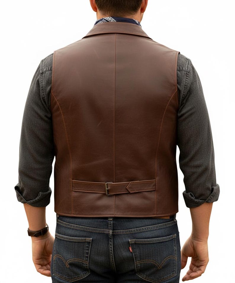 Puede incluir: Un chaleco de cuero marr&oacute;n con cuello de muesca, acabado liso y una correa ajustable con hebilla de metal en la parte inferior de la espalda. El chaleco se lleva sobre una camisa de manga larga gris oscuro y vaqueros azul oscuro, dise&ntilde;o cl&aacute;sico.
