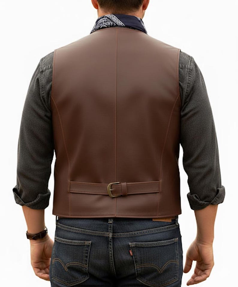 Puede incluir: Un chaleco de cuero marr&oacute;n con acabado liso, una costura vertical en el centro de la espalda y una correa ajustable en la cintura con hebilla met&aacute;lica. El chaleco se lleva sobre una camisa de manga larga gris oscuro y vaqueros azul oscuro.