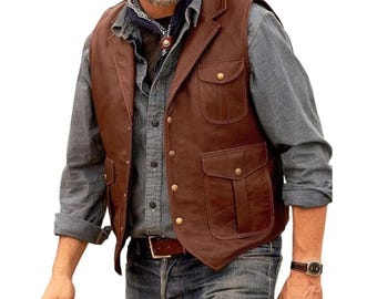 Vintage gilet heren echt rundleer, western mouwloos rundleer vest