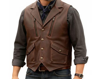 Men’s Genuine Cowhide Leather Vest – Vintage Western Waistcoat, Classic Cowboy Style Sleeveless Jacket with Pockets