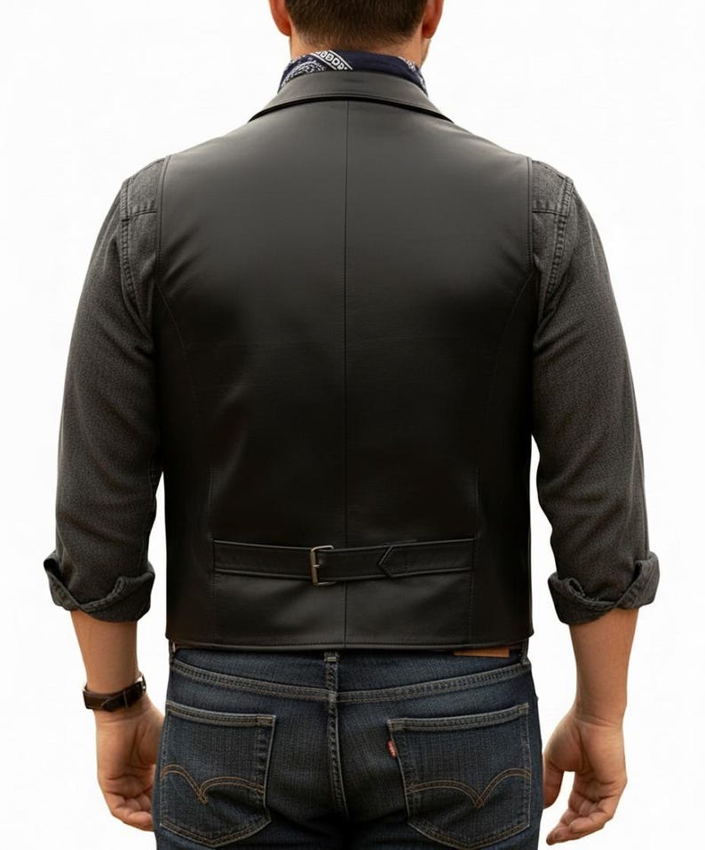 Puede incluir: Un chaleco de cuero negro con una correa de ajuste trasera con hebilla de metal, usado sobre una camisa de manga larga gris oscuro. El chaleco tiene un acabado liso y un corte entallado, combinado con pantalones vaqueros azul oscuro y un pa&ntilde;uelo.