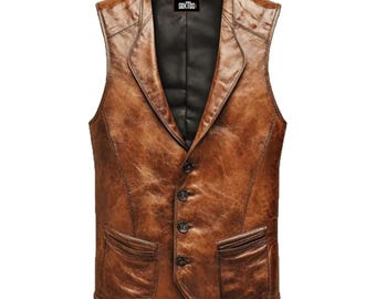 Mens Leather Vintage Vest, Western Club Style Vests, Cowboy Waistcoat Outfit for Men