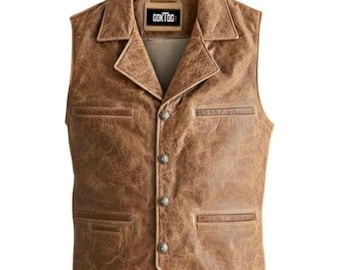 Men’s Genuine Cow Leather Western Cowboy Vest – Vintage Brown Distressed Waistcoat, Cowhide Vest for Men