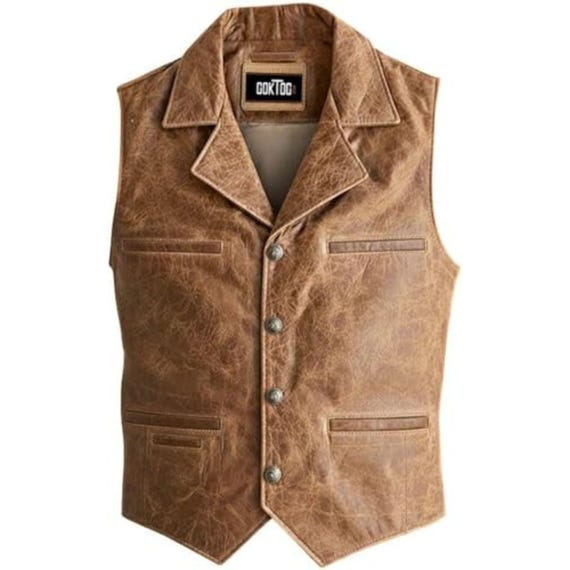 Men’s Genuine Cow Leather Western Cowboy Vest – Vintage Brown Distressed Waistcoat, Cowhide Vest for Men