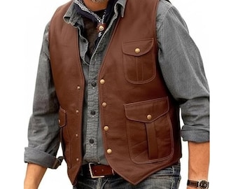 Men Genuine Cowhide V-neck Leather Vintage Waistcoat, Western Sleeveless Vest Cowhide