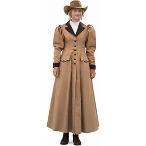 Viktorianischer Reitmantel für Damen, Western-Staubmantel für Damen, langer Cowboymantel, Vintage-inspirierter Baumwoll-Denim-Mantel, bodenlanger Westernmantel