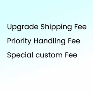 Könnte beinhalten: Text auf hellblauem Hintergrund: "Upgrade Shipping Fee", "Priority Handling Fee" und "Special custom Fee". Der Text ist in einer klaren, serifenlosen Schriftart geschrieben.