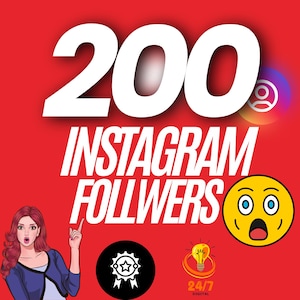 May include: A red background with the text "200 INSTAGRAM FOLLOWERS" in white. The image includes a cartoon woman pointing upwards, a surprised emoji, and Instagram-related icons. A badge and a lightbulb icon are also present.