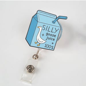 100% Silly Goose Juice Badge Reel – Cute Blue Milk Carton Style Retractable ID Holder for Nurses, Students, Teachers & Goose Fans
