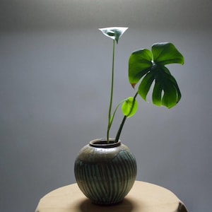 May include: A green leafy plant with a single leaf and a bud in a green and brown ceramic vase. The vase is sitting on a light brown surface.
