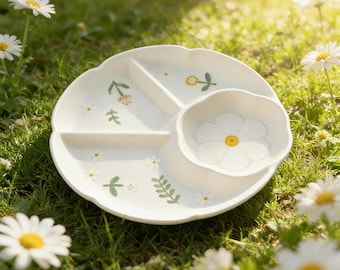 Ceramic Divided Plate for Kids - 8.5 IN Hand-Painted Chrysanthemum Ceramic Plate, Cute Plates Ceramic Gift for Baby Shower & Mother’s Day