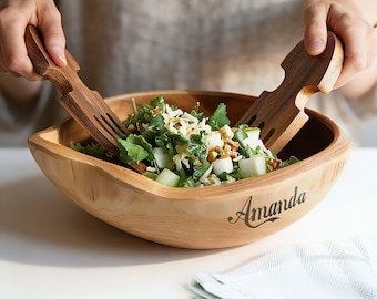 手作りの素朴な木製ボウル｜カスタム彫刻入り食品安全フルーツ＆サラダボウル