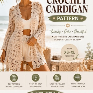 May include: A woman models a cream-colored, open-front crochet cardigan with bell sleeves. The image features the text "Boho Crochet Cardigan Pattern" and details about the pattern, including skill levels and sizes XS-XL.