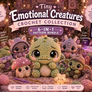 May include: A collection of six crocheted "Tiny Emotional Creatures" in various colors, including a frog, cat, mushroom, and dragon. The image features the text "Tiny Emotional Creatures Crochet Collection" and "6-in-1 Pattern Bundle". The scene is decorated with yarn and fairy lights.