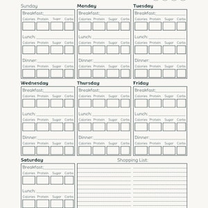 Planificador de comidas semanal con registro de calorías: PDF imprimible / A4 / Carta EE. UU. / Plantilla para planificar tu dieta y fitness / Descarga instantánea