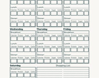 Wekelijkse maaltijdplanner met calorietracker – afdrukbare pdf | A4/VS-brief | Planningssjabloon voor fitness en dieet | Direct downloaden