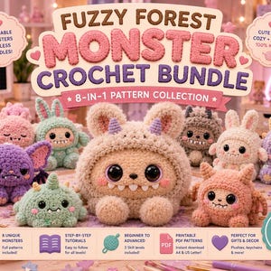 May include: A collection of handmade crochet monster plushies in various colors, including purple, pink, and green. The image features the text "Fuzzy Forest Monster Crochet Bundle" and details about the pattern collection, perfect for gifts and decor.