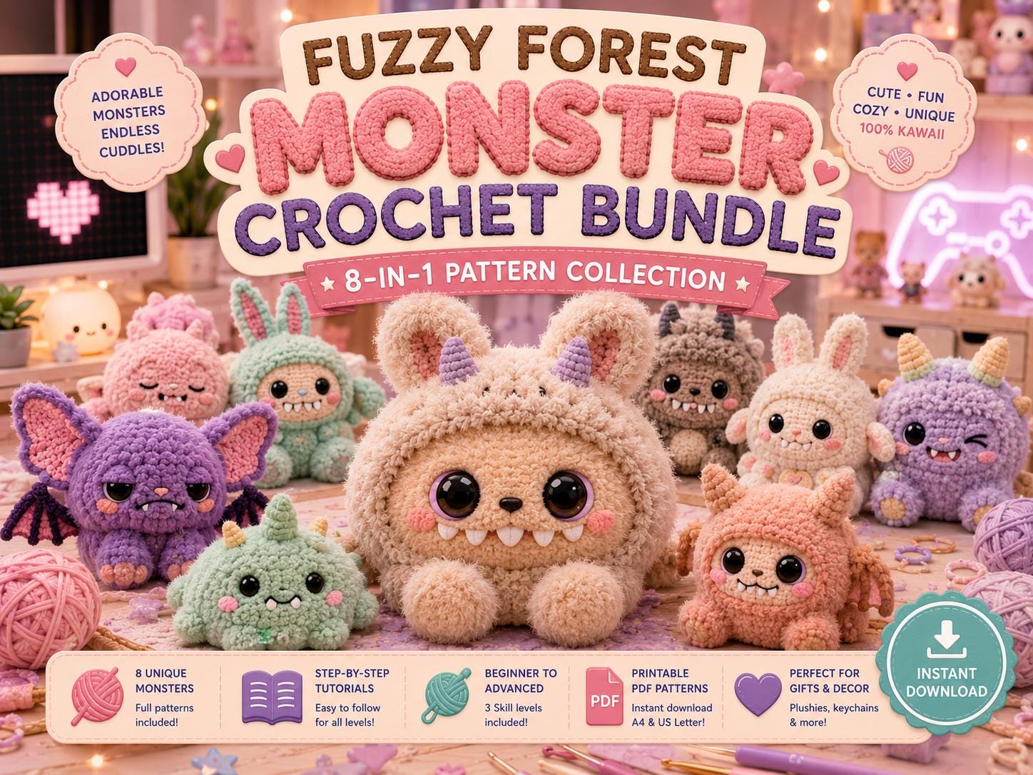 38 Crochet Kawaii Patterns with Keychains, Amigurumi, Hats, and Coasters 37 Fuzzy Monster Crochet Bundle