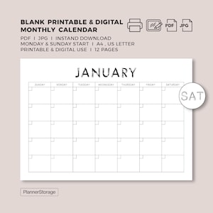Plantilla de calendario imprimible y digital mensual con fuente Kawaii minimalista, elegante y minimalista, tamaño A4, tamaño carta, descarga instantánea en PDF.