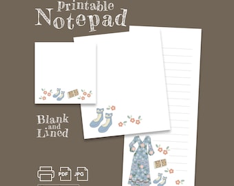Printable 3 SIZES Blank 7 Lined Notepad Vintage 70s Flower Fashion | Chic Outfit Illustration Memo Pad | Stylish Stationery | PDF | JPG