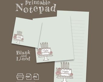Printable 3 SIZES Blank & lined Notepad Set, Vintage Peony Birthday Cake Illustration,  Memo Pad, To Do List, Birthday Card | PDF | JPG