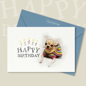 Alles Gute zum Geburtstag Kuchen von Chihuahua Hund mit buntem Kleid druckbare Karte, Make a Wish Karte, Geburtstagskerze | Sofort Download PDF