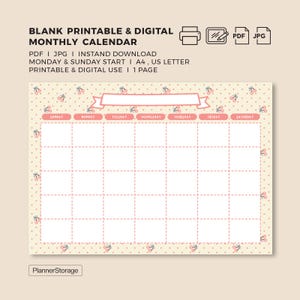 Plantilla de calendario imprimible y digital mensual con diseño de cereza rosa kawaii, en blanco, tamaño A4, carta, Goodnotes, descarga instantánea en PDF