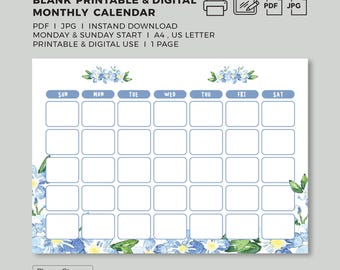 Blank Watercolor Forget Me Not Flower Botanical Monthly Printable & Digital Calendar Planner Goodnotes Template | Instant Download PDF