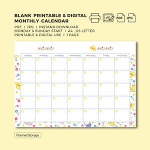 May include: A blank printable monthly calendar with a floral border and a yellow background. The calendar grid is divided into days of the week, with space for notes. Text at the top reads "BLANK PRINTABLE & DIGITAL MONTHLY CALENDAR".