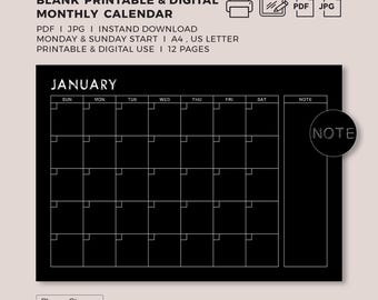 BLANK Black Minimalist Sketch Font with Note Monthly Printable & Digital Calendar Planner Goodnotes Template | Instant Download PDF