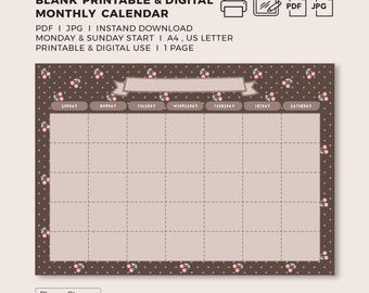 Brown Tone |  Cute Kawaii Pink Cherry Undate iPad Goodnotes Monthly Printable & Digital Calendar Planner Template | Instant Download PDF