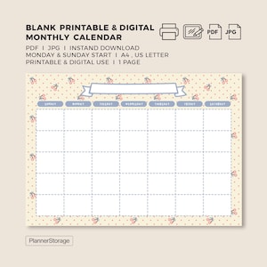 Plantilla de calendario imprimible y digital mensual con diseño de cereza rosa kawaii, azul y blanco, tamaño A4, carta, Goodnotes, descarga instantánea en PDF