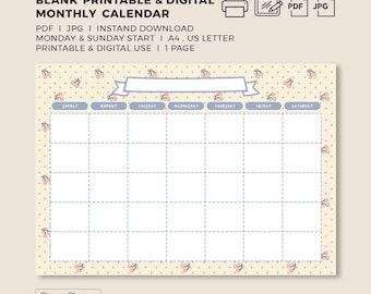 Blue | Blank Cute Kawaii Pink Cherry Monthly Printable & Digital Calendar Planner Template | A4, Letter | Goodnotes | Instant Download PDF