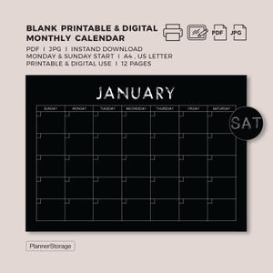 Plantilla de calendario imprimible y digital mensual con fuente Kawaii minimalista, elegante y negra, tamaño A4, tamaño carta, descarga instantánea en PDF.