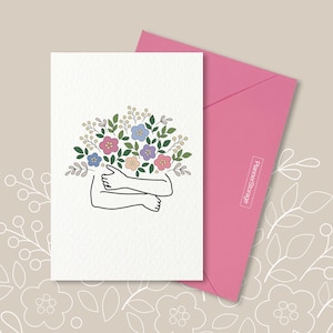 hugging pastel flowers bouquet printable greeting thank you card for birthday day graduation anniversary card | Instant Download PDF