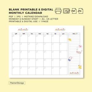 Druckbare & digitale Monatskalender-Planer-Vorlage | A4 Letter | Notizen | Sofort Download PDF